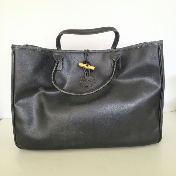 Longchamp Handbags - LONGCHAMP Roseau Black Leather Tote Bag Handbag Purse Large